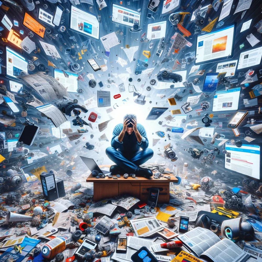 DALL·E 2024-02-20 22.37.45 - A visually striking and thought-provoking image that encapsulates the downsides of content marketing. Imagine a scene where an overwhelmed individual